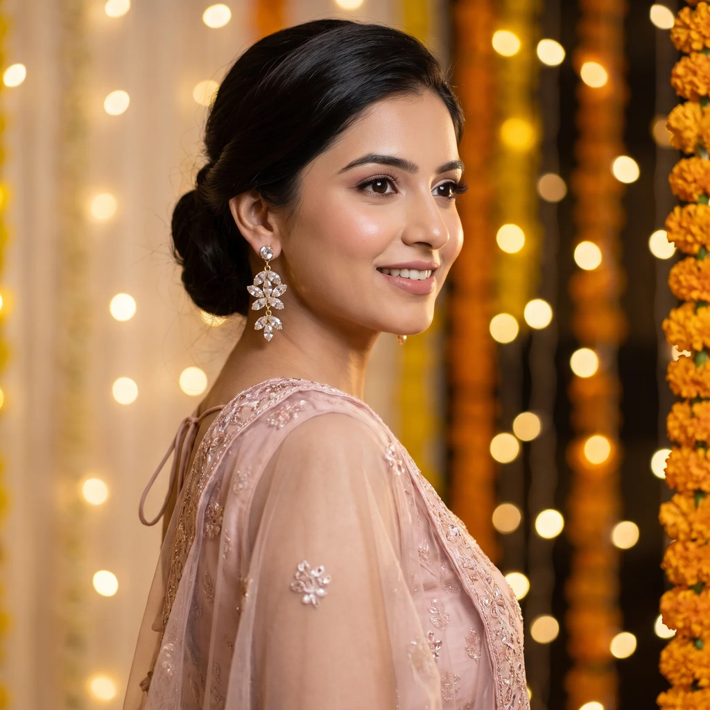 Crystal Blossom Chandelier Earrings styled with a pastel lehenga for a wedding