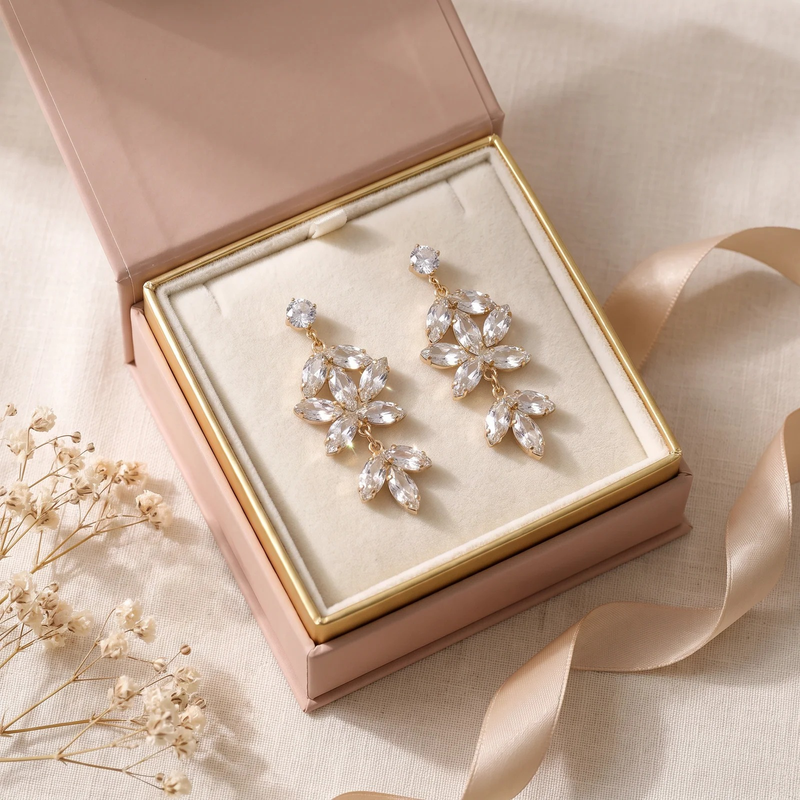 Crystal Blossom Chandelier Earrings in a blush-pink gift box