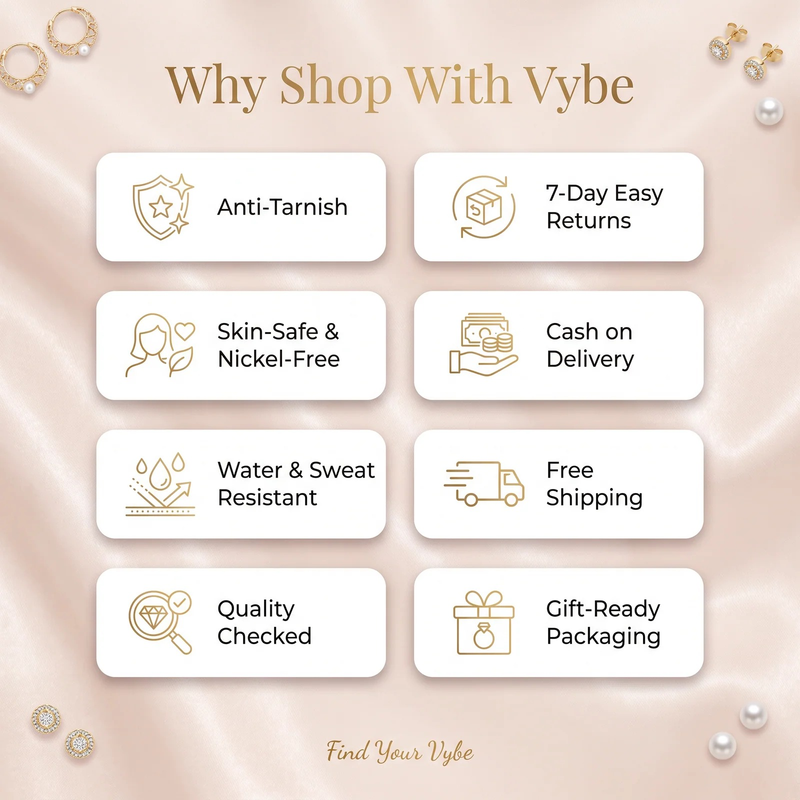 Why shop with Vybe: anti-tarnish, skin-safe, easy returns, COD, free shipping