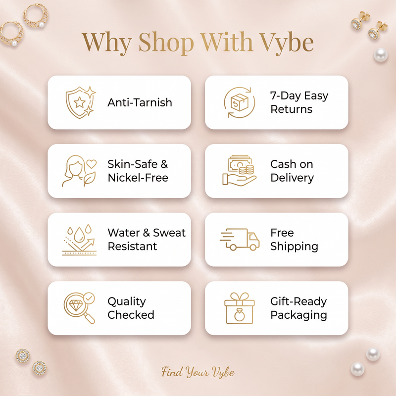 Why shop with Vybe: anti-tarnish, skin-safe, easy returns, COD, free shipping