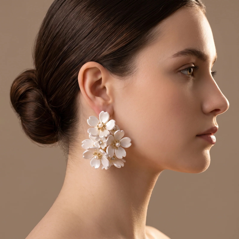 Side profile on ear: White Floral Cluster Statement Earrings