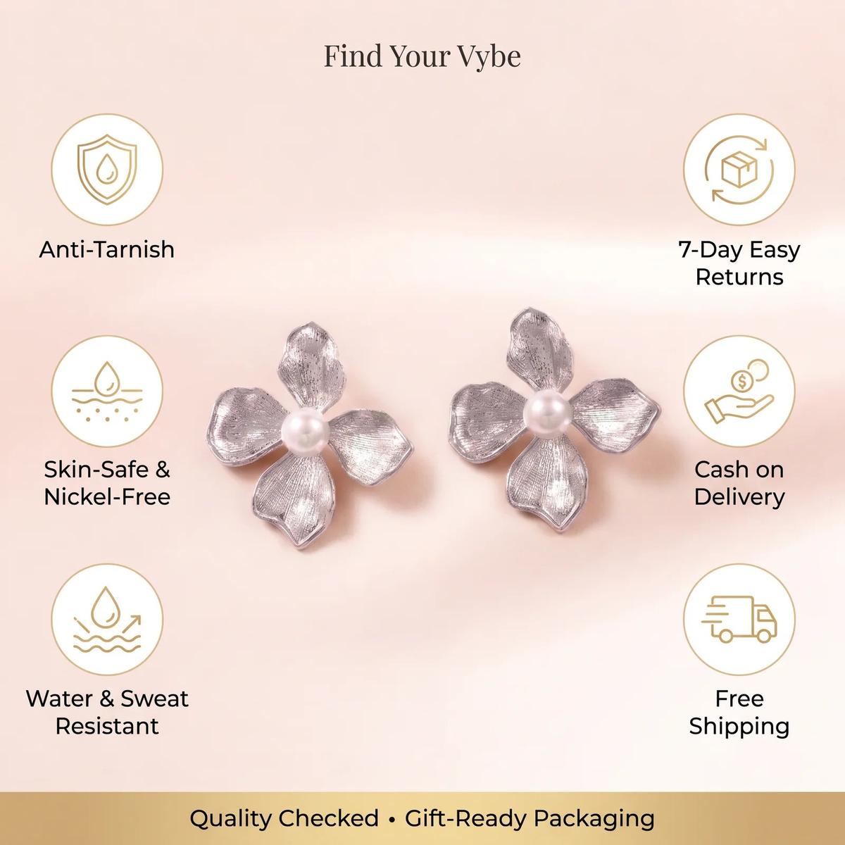 Features and promises: Silver Floral Pearl Stud Earrings