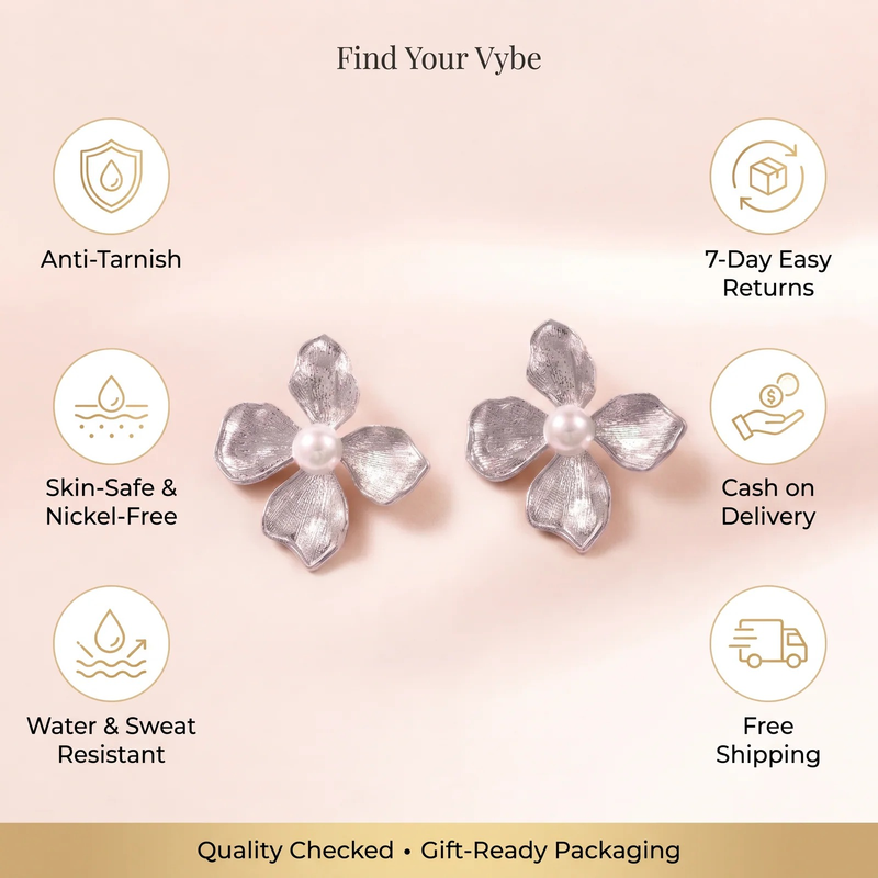 Features and promises: Silver Floral Pearl Stud Earrings
