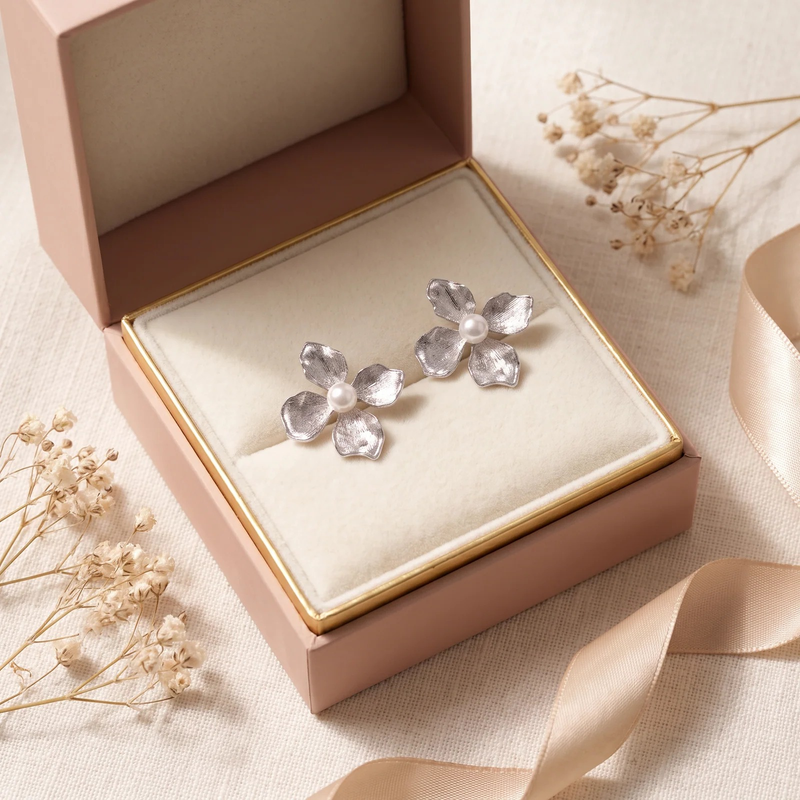 Gift box: Silver Floral Pearl Stud Earrings