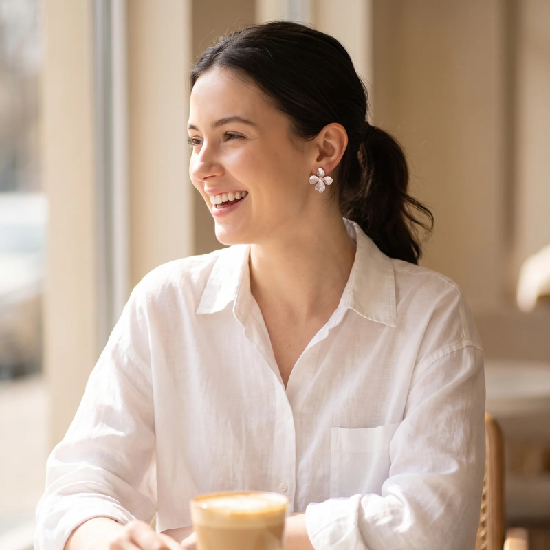 Styled look: Silver Floral Pearl Stud Earrings