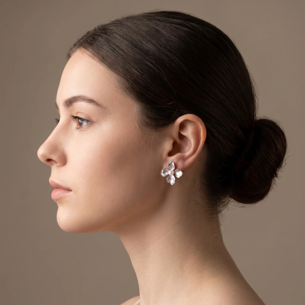 Side profile on ear: Silver Floral Pearl Stud Earrings