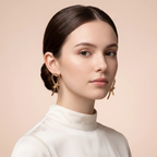Model wearing Gold Knot Drop Earrings