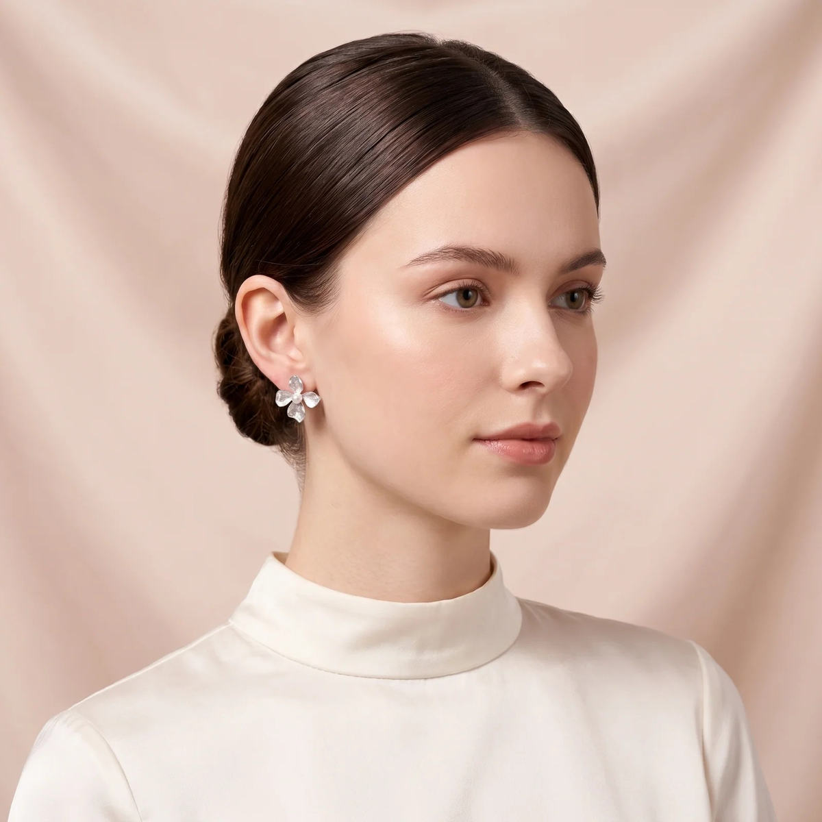 Model wearing Silver Floral Pearl Stud Earrings