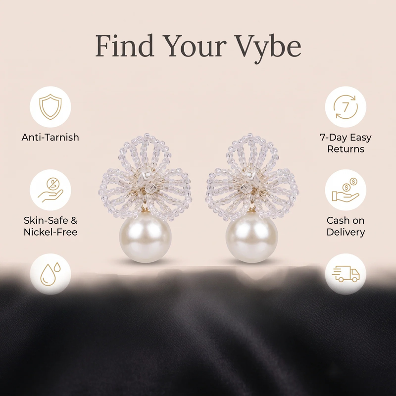 Features and promises: Gold-Silver Beaded Flower Pearl Earrings