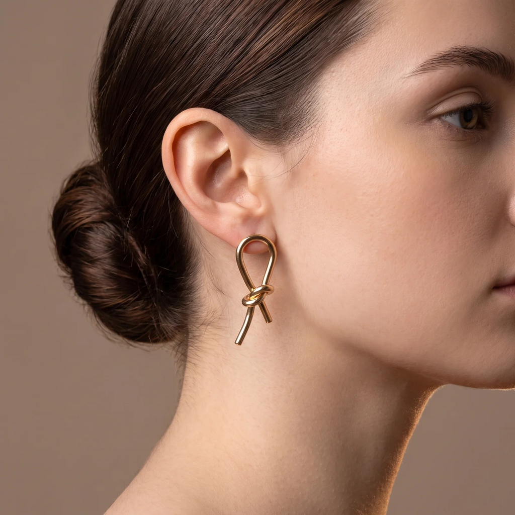 Side profile on ear: Gold Knot Drop Earrings