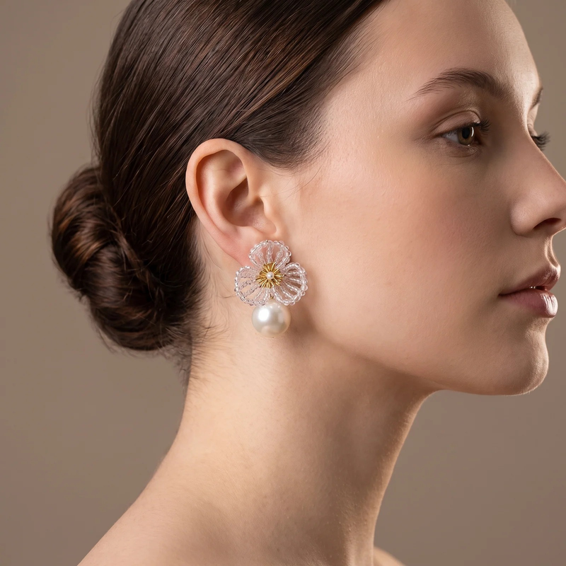 Side profile on ear: Gold-Silver Beaded Flower Pearl Earrings