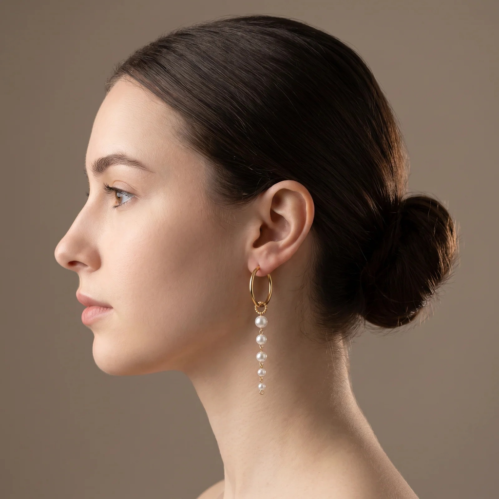 Side profile on ear: Gold Hoop Pearl Drop Earrings