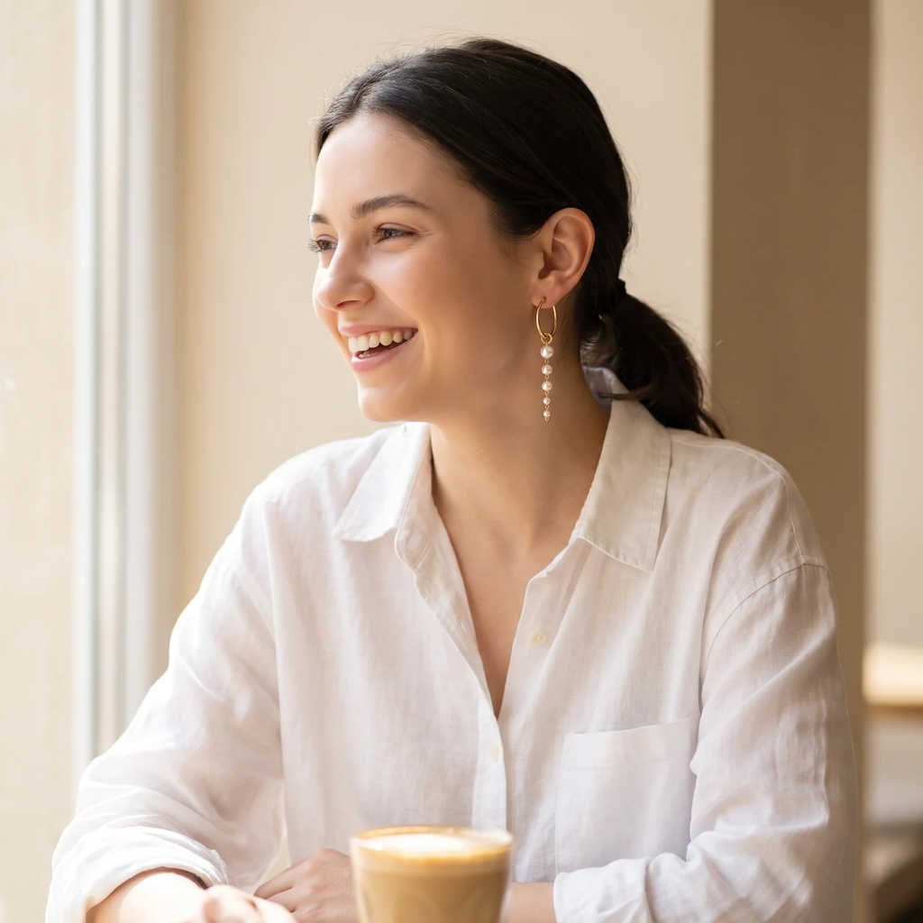 Styled look: Gold Hoop Pearl Drop Earrings