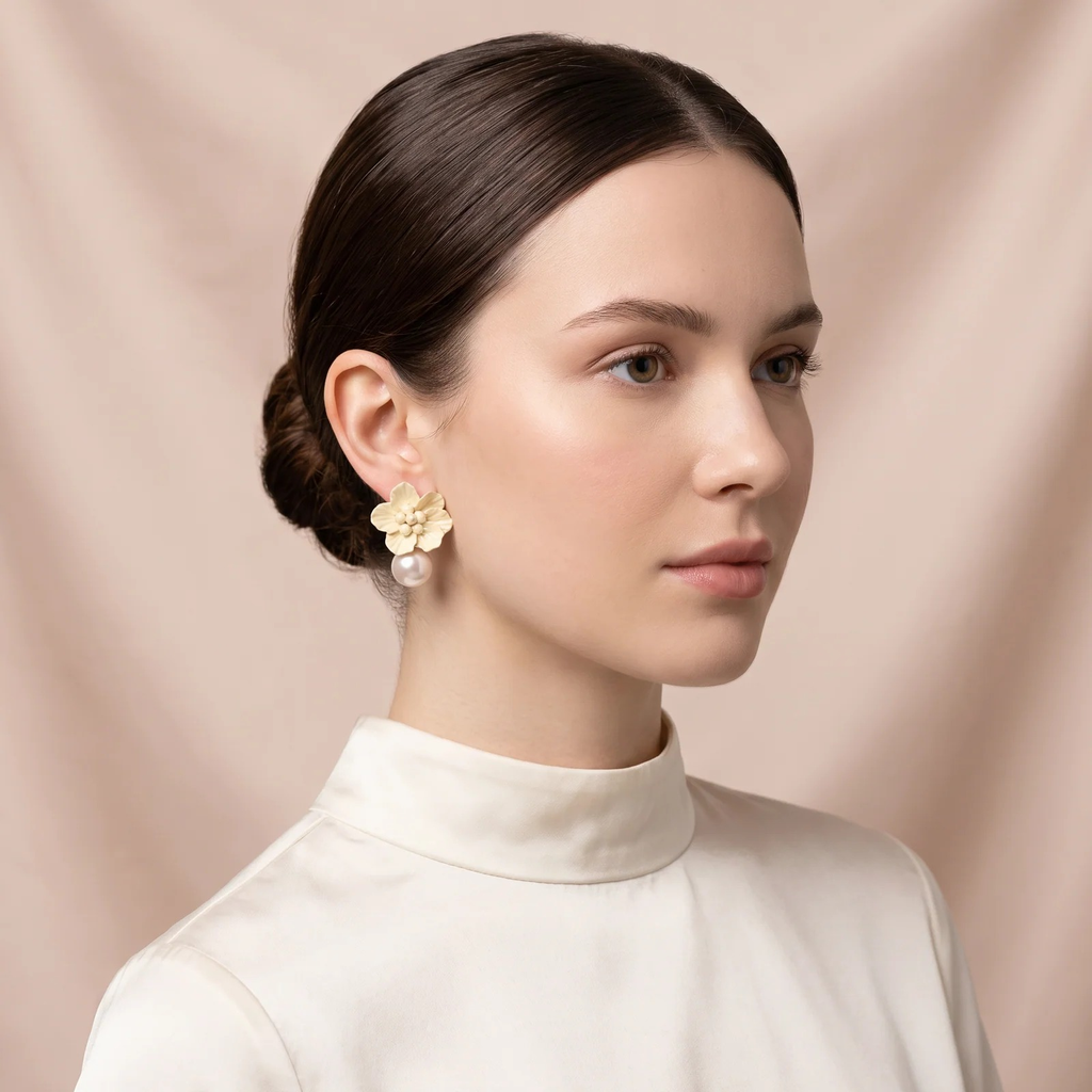 Model wearing Flower Pearl Drop Earring