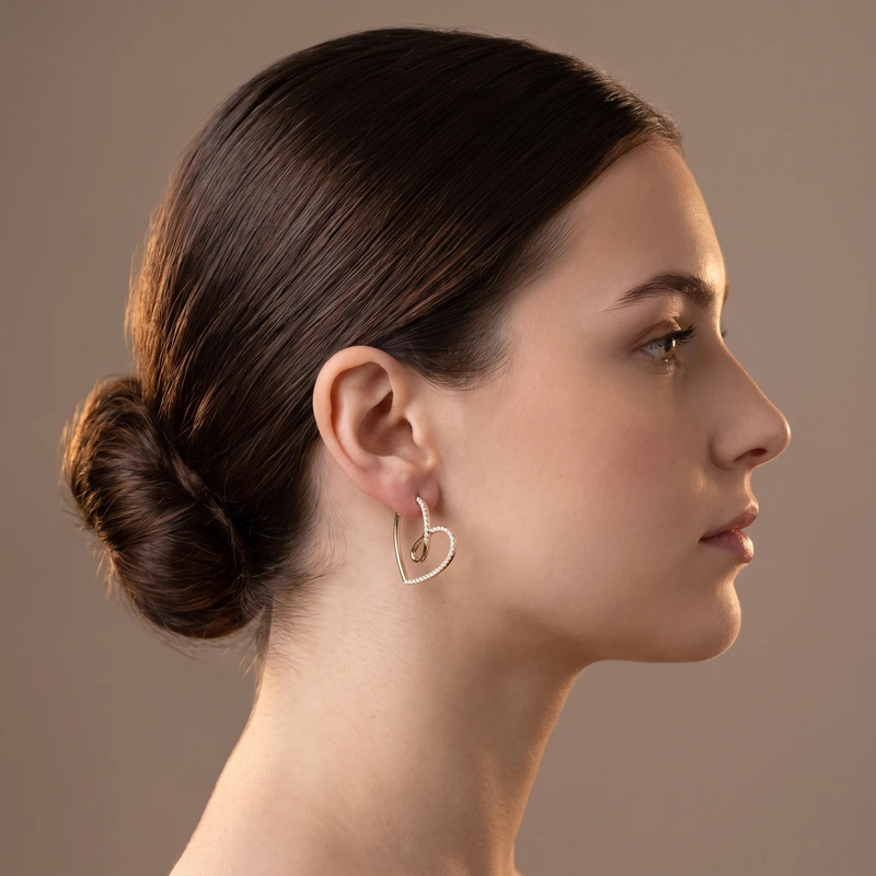 Side profile on ear: Open Heart Loop Hoop Earrings