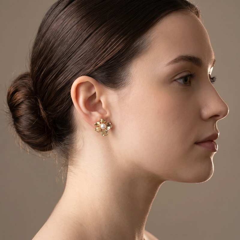 Side profile on ear: Gold Pearl Flower Stud Earrings