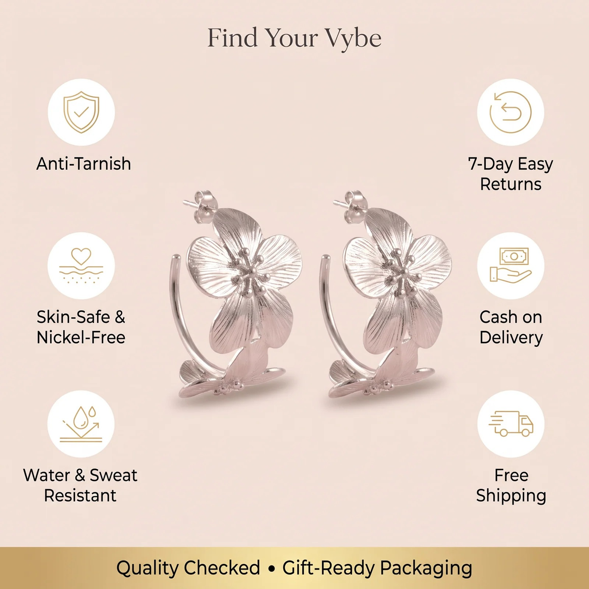 Features and promises: Silver Textured Floral Hoop Earring