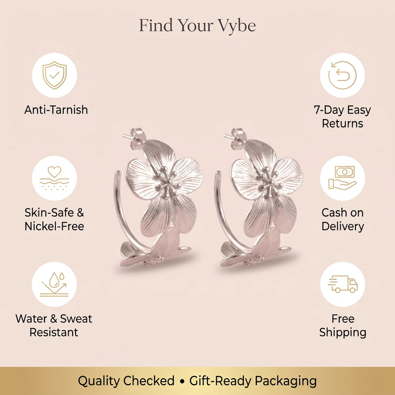 Features and promises: Silver Textured Floral Hoop Earring
