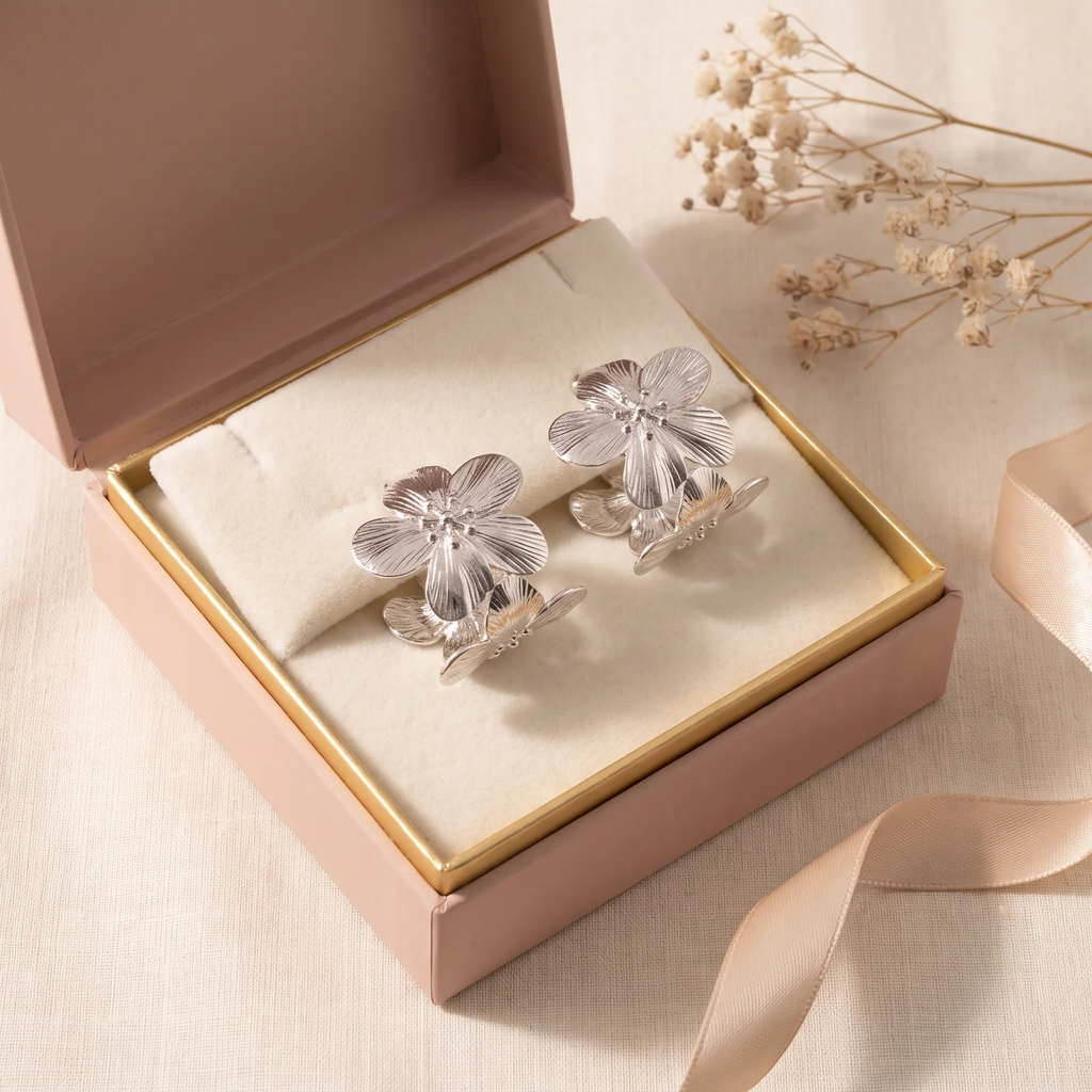 Gift box: Silver Textured Floral Hoop Earring
