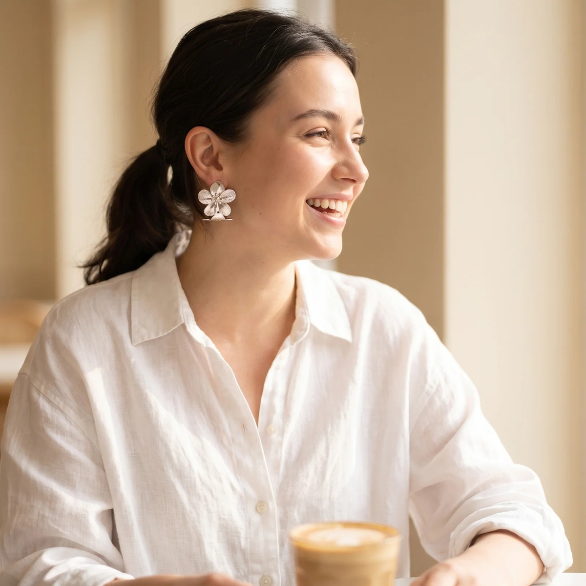Styled look: Silver Textured Floral Hoop Earring