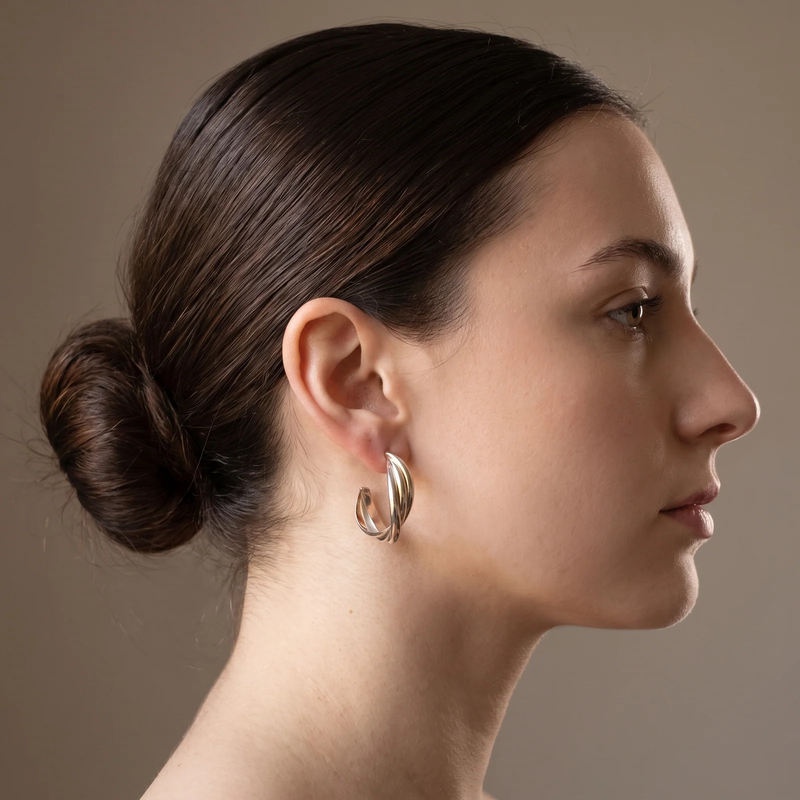 Side profile on ear: Two-Tone Ribbed Hoop Earrings