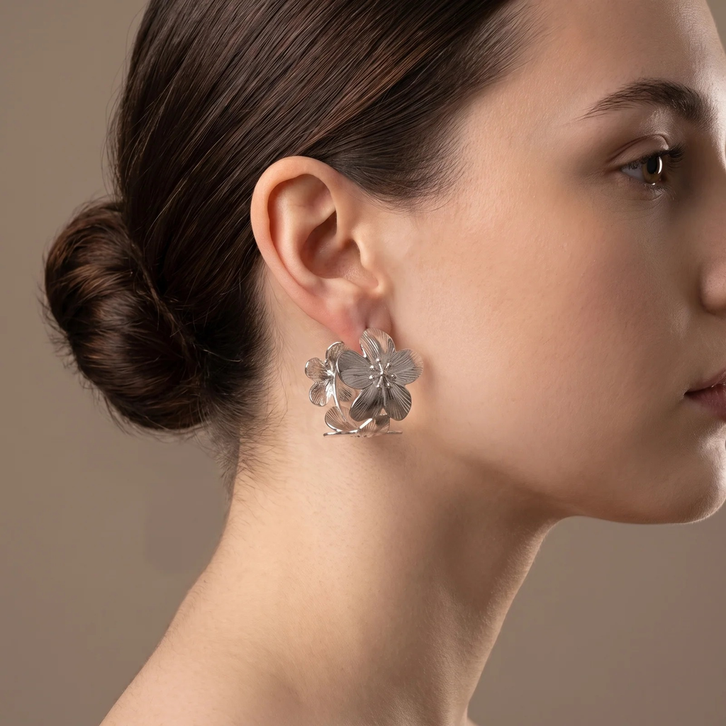 Side profile on ear: Silver Textured Floral Hoop Earring