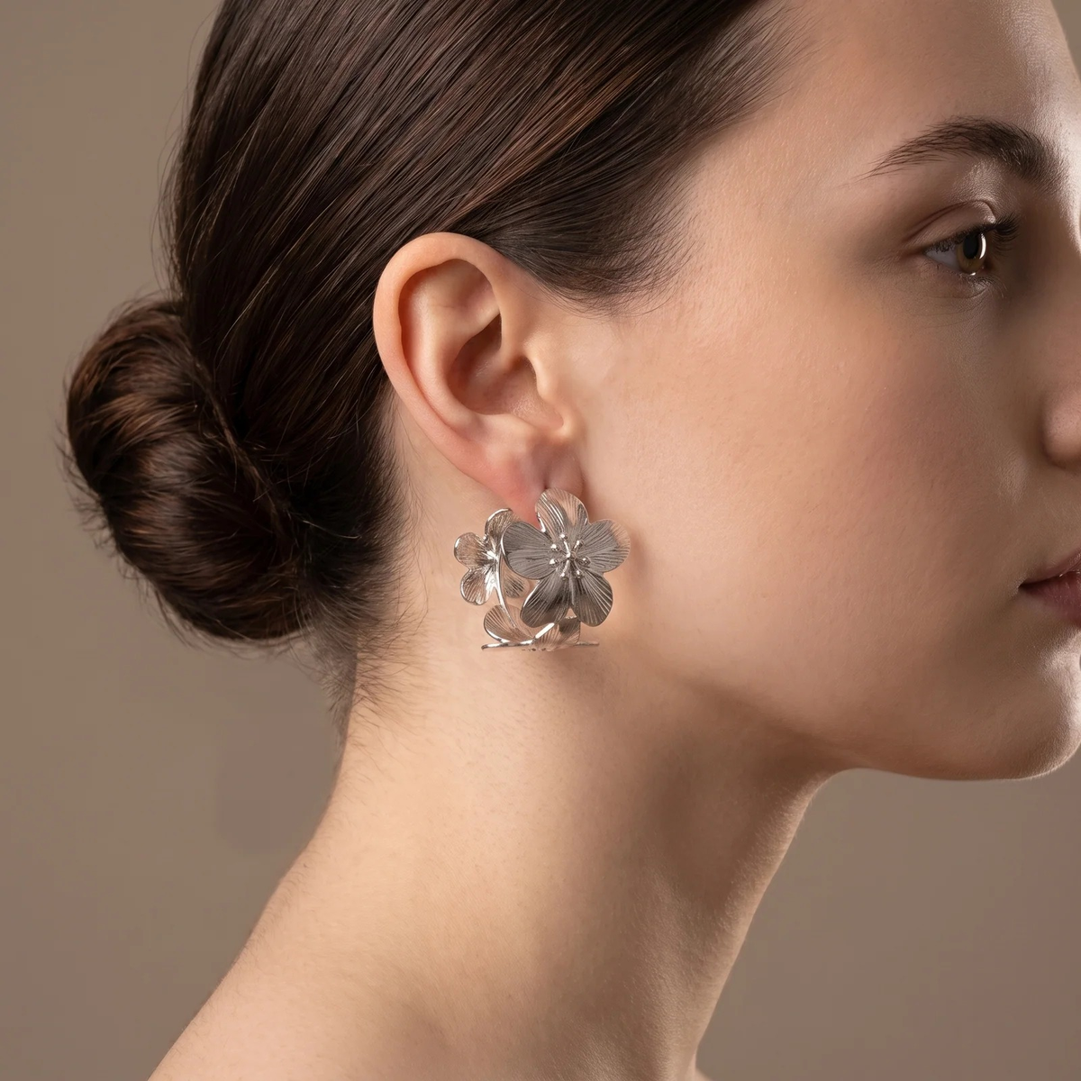 Side profile on ear: Silver Textured Floral Hoop Earring