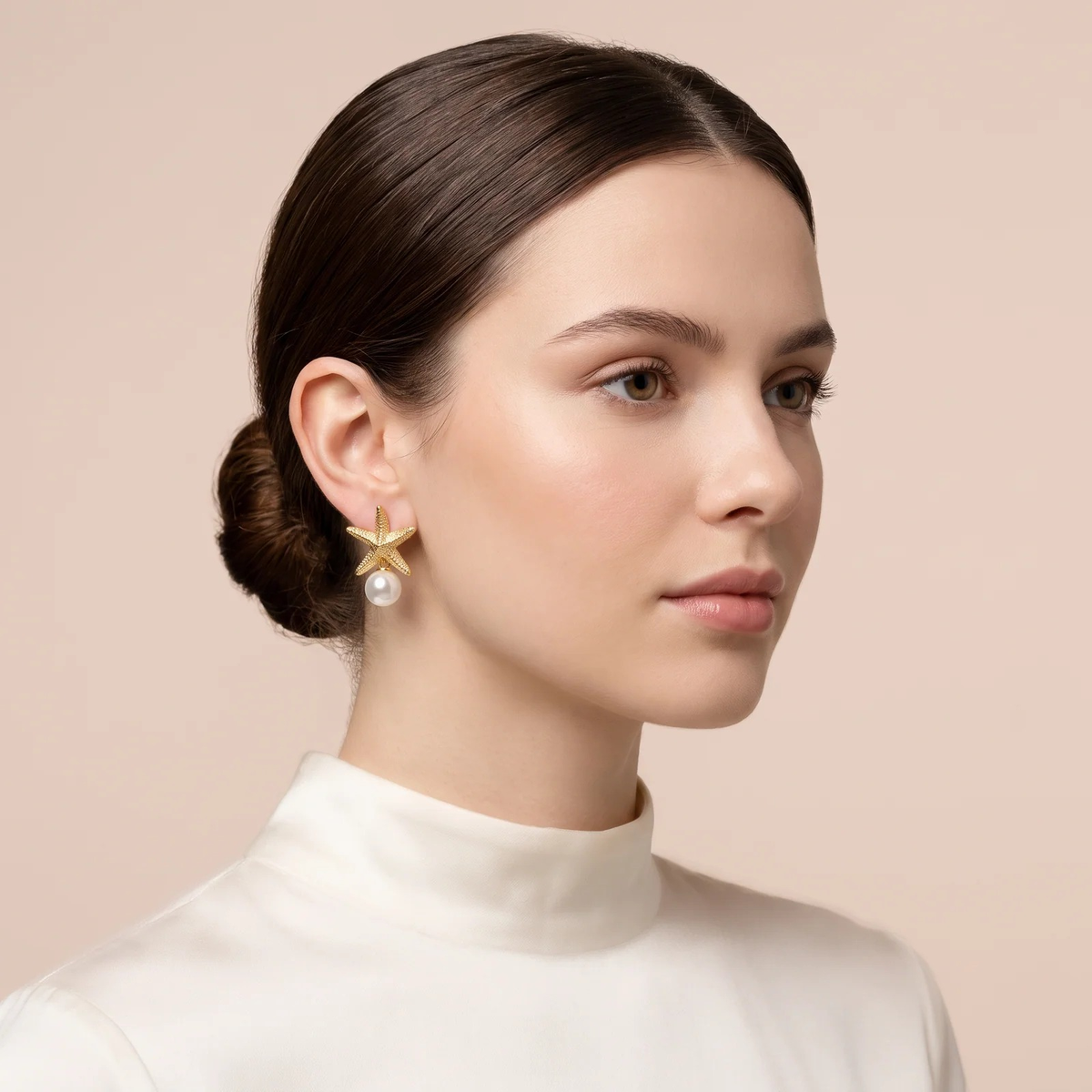 Model wearing Starfish Pearl Stud Earrings