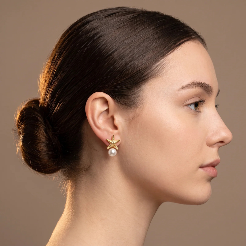 Side profile on ear: Starfish Pearl Stud Earrings