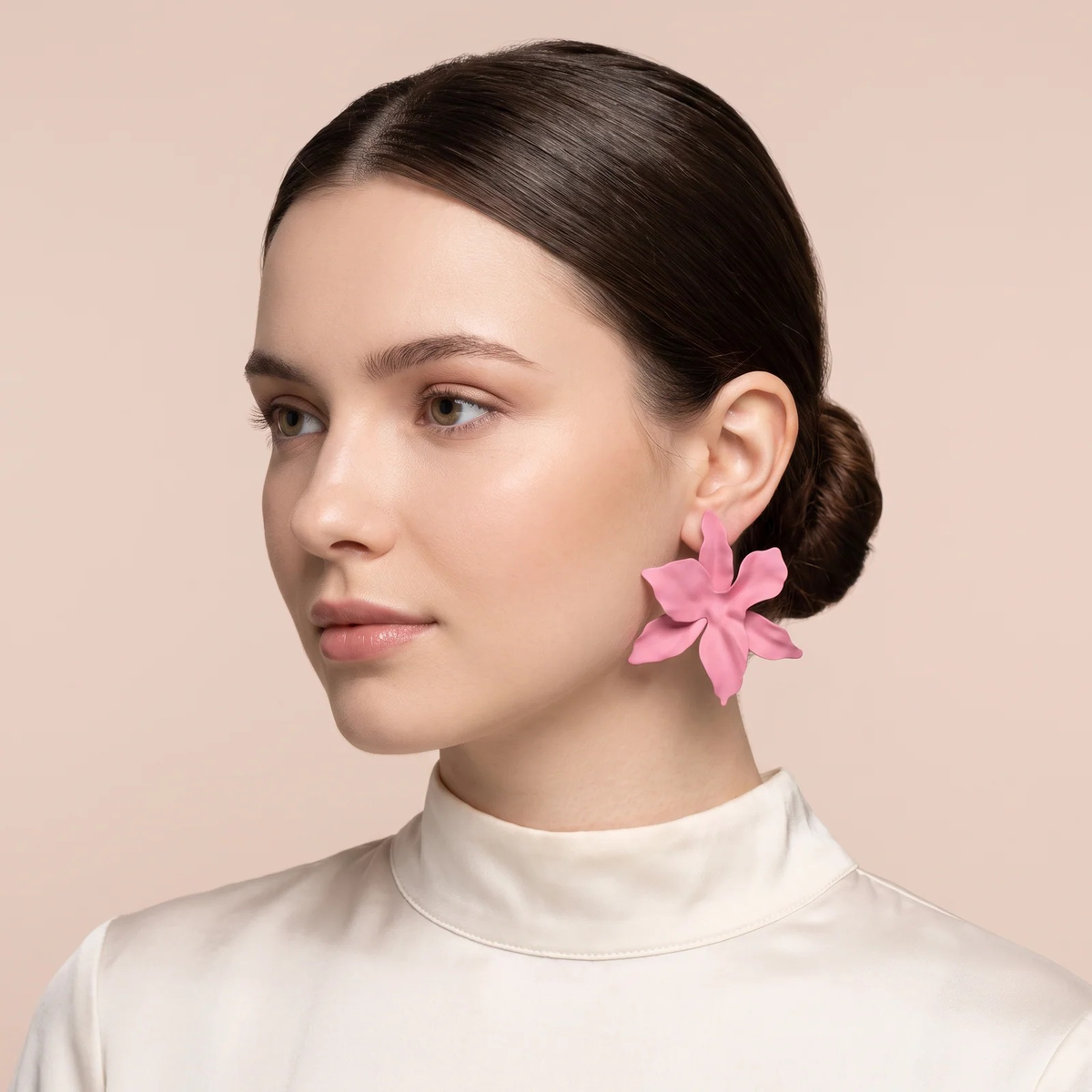 Model wearing pink Flower Statement Stud Earrings