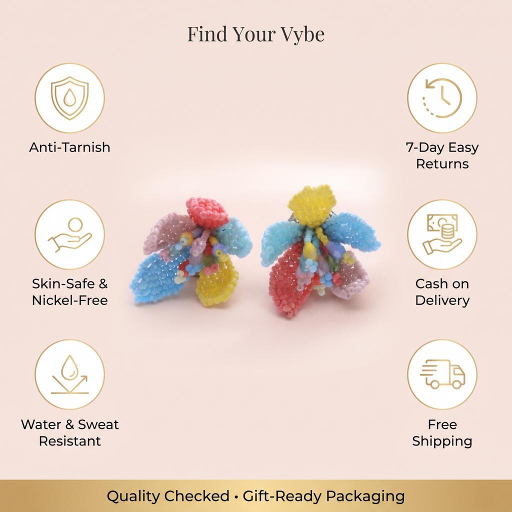 Features and promises: Colorful Beaded Floral Cluster Earrings