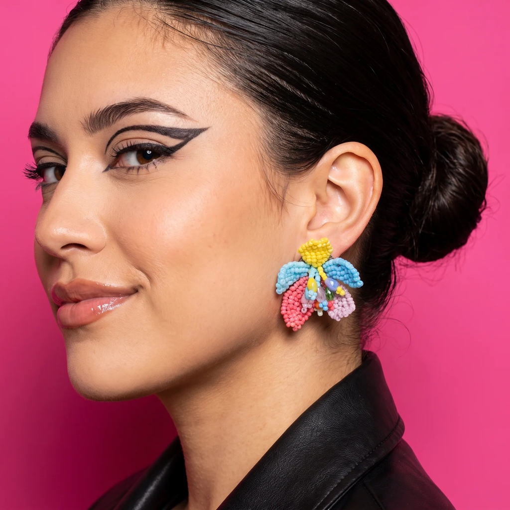 Side profile on ear: Colorful Beaded Floral Cluster Earrings