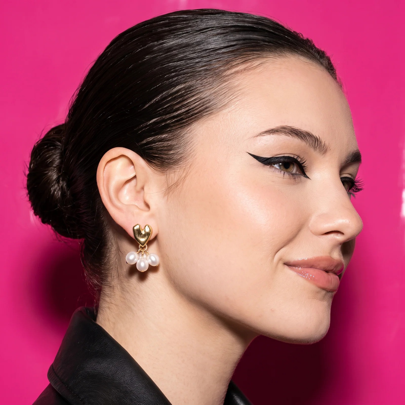 Side profile on ear: Pearl Cluster Heart Stud Earrings