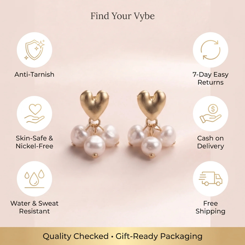 Features and promises: Pearl Cluster Heart Stud Earrings