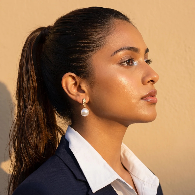 Side profile on ear: Gold Textured Drop Pearl Earrings