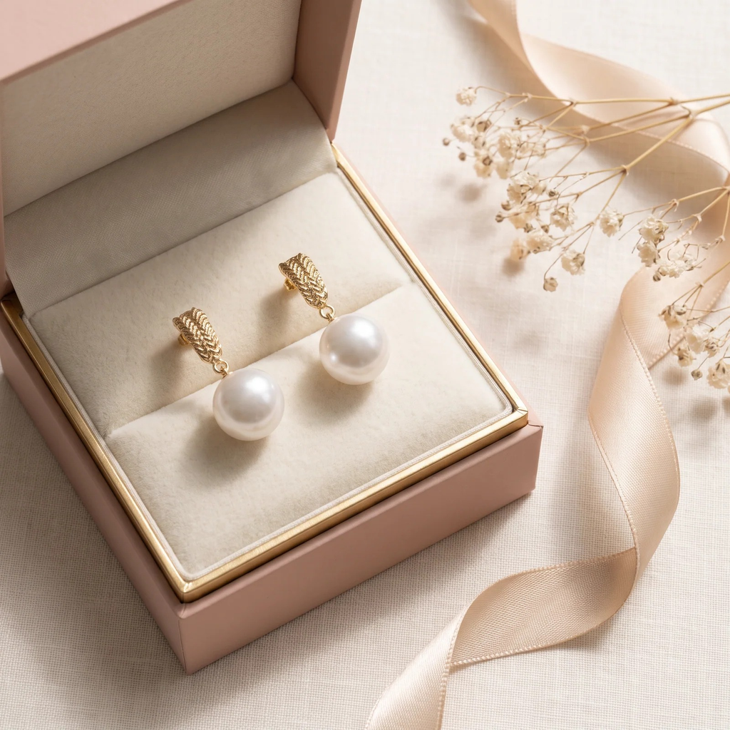 Gift box: Gold Textured Drop Pearl Earrings