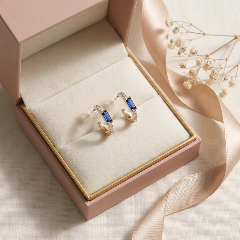 Gift box: Gold Sapphire Baguette Huggie Earrings