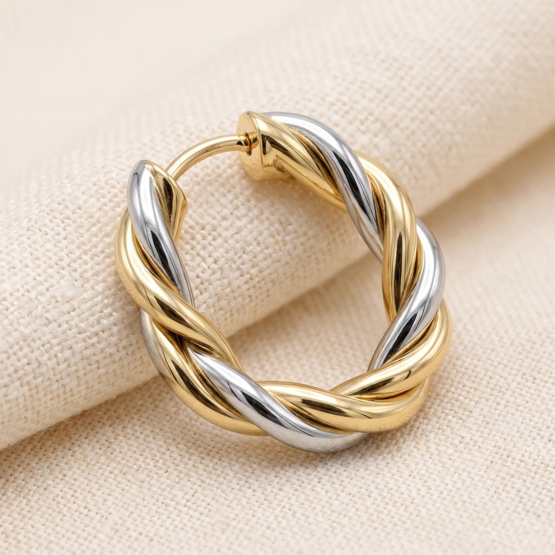 Close-up detail of Two-Tone Twisted Rope Hoop Earrings
