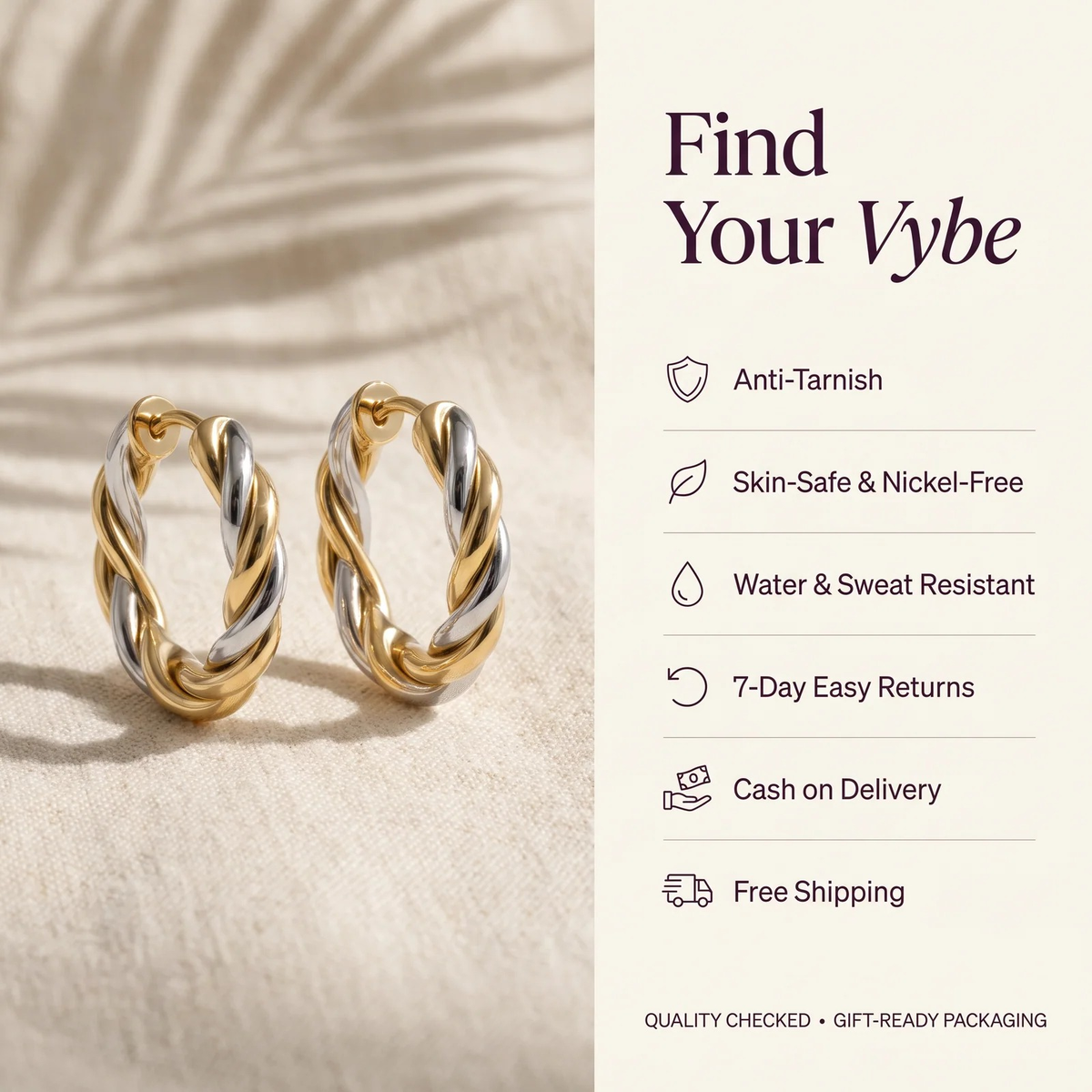 Features and promises: Two-Tone Twisted Rope Hoop Earrings