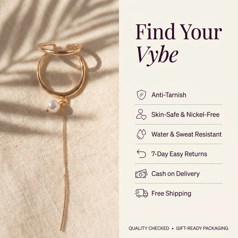 Features and promises: Gold Pearl Chain Ear Cuff