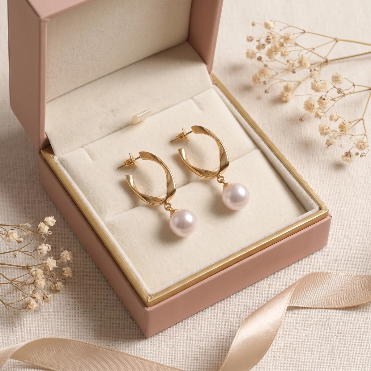 Gift box: Twisted Gold Hoop Pearl Drop Earrings