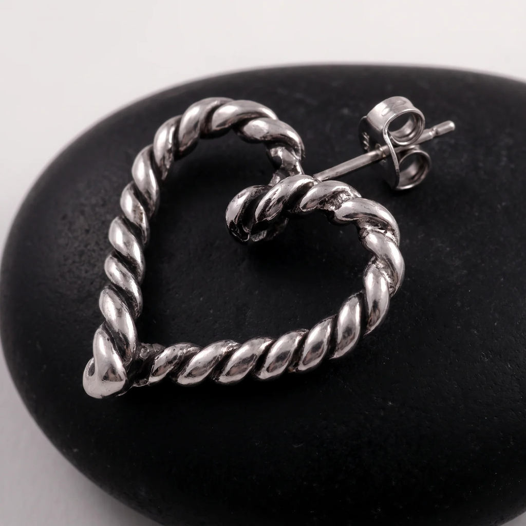 Close-up detail of Silver Twisted Rope Heart Earrings
