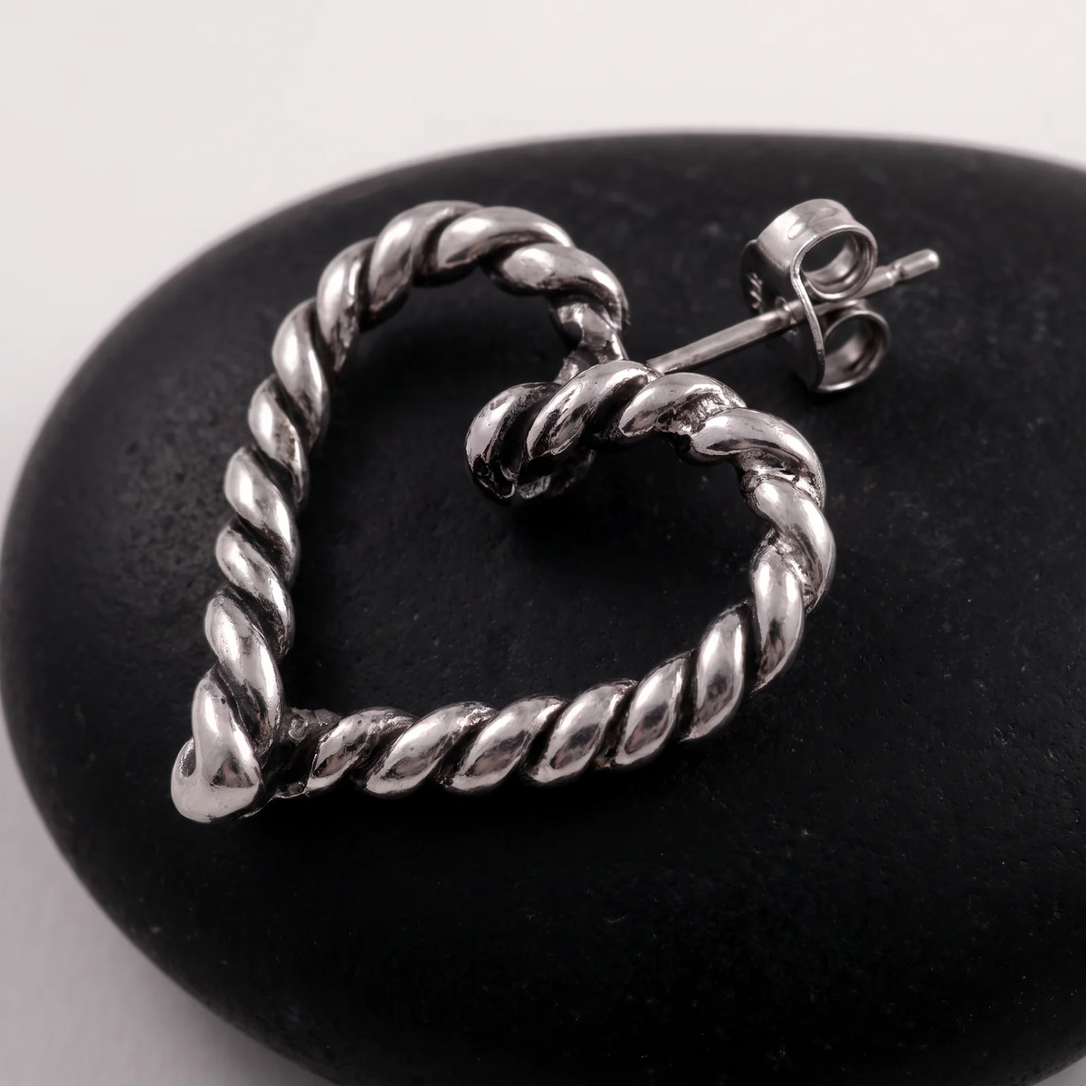 Close-up detail of Silver Twisted Rope Heart Earrings
