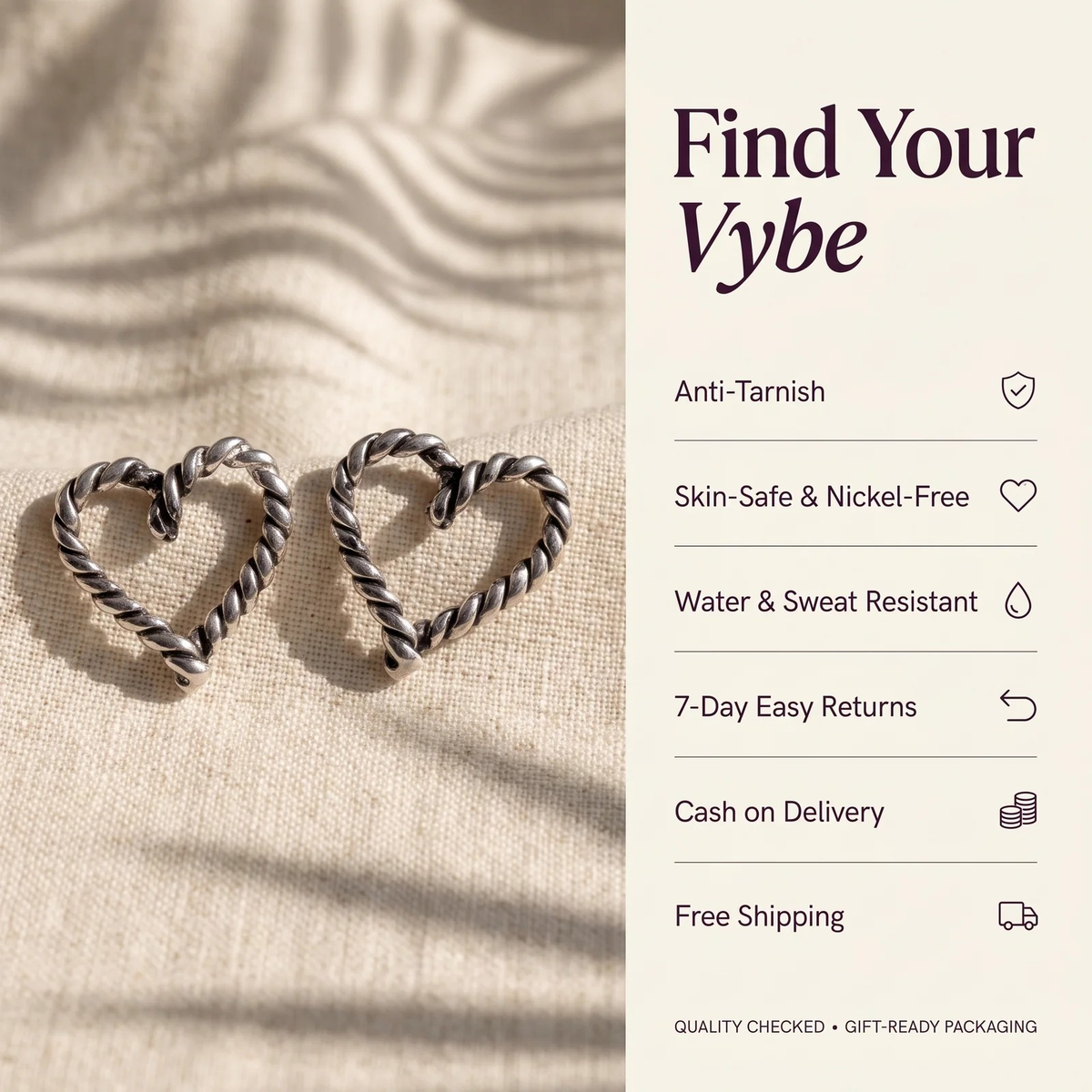 Features and promises: Silver Twisted Rope Heart Earrings