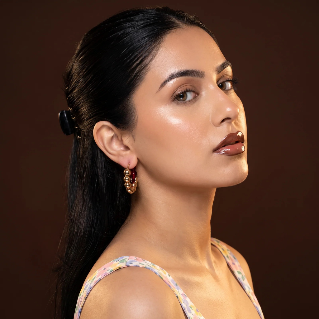 Side profile on ear: Ruby Luxe Beaded Hoops