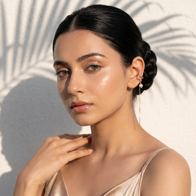 Model wearing Gold Pearl Chain Ear Cuff