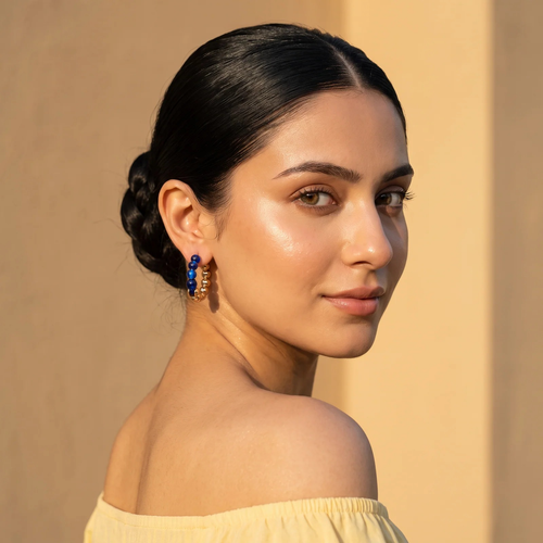 Model wearing Sapphire Luxe Hoops