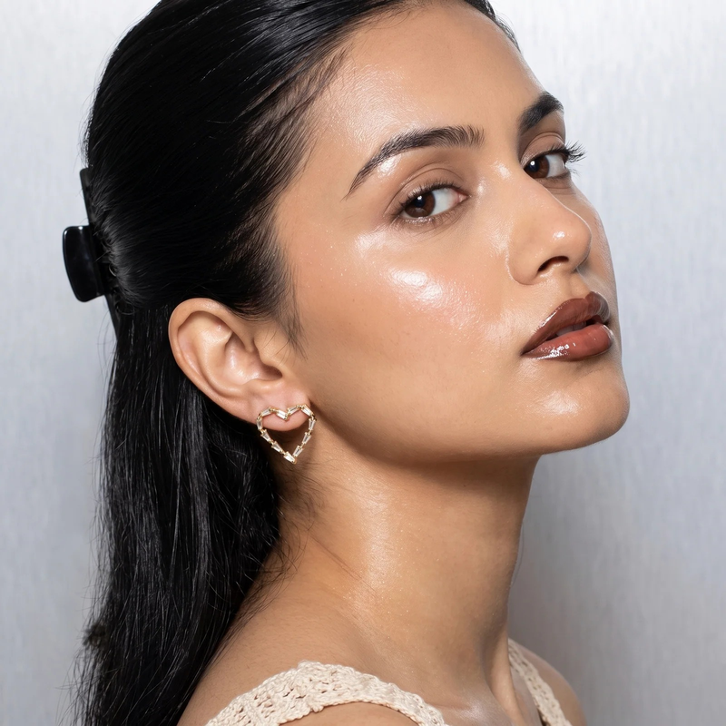 Side profile on ear: Gold Baguette Heart Earrings