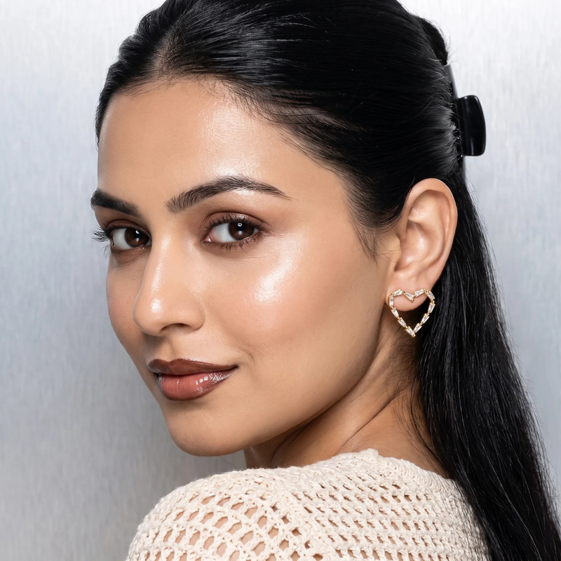 Model wearing Gold Baguette Heart Earrings