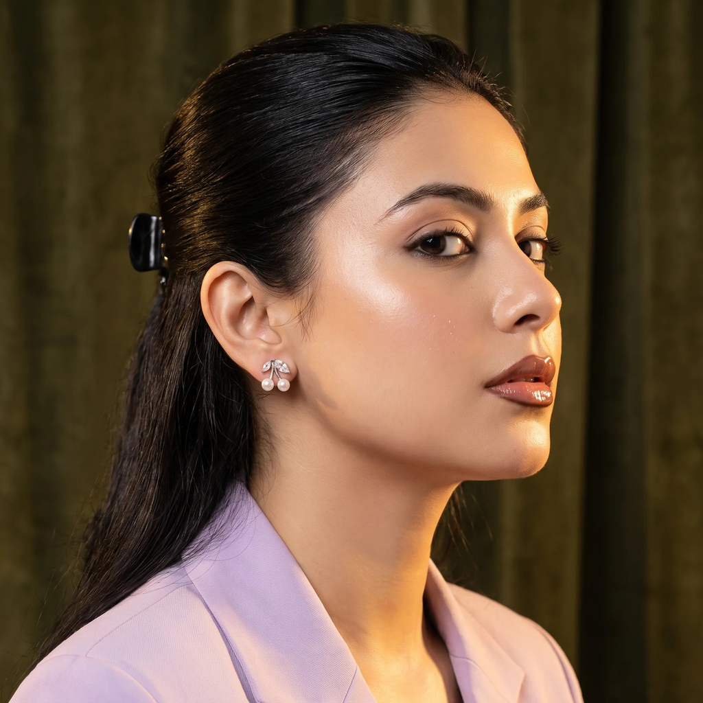 Side profile on ear: Cherry Pearl Studs